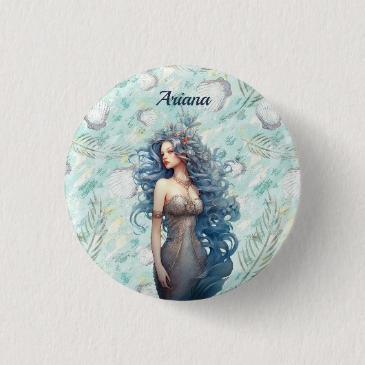 Schöne blauhaarige Meerjungfrau Button (Vorderseite)