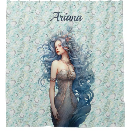 Schöne blauhaarige Meerjungfrau Duschvorhang (Vorderseite)