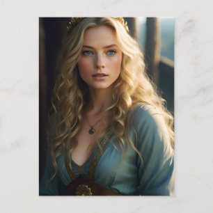 Schöne Blond Curls Frauen in Blue und Gold Kleid Postkarte