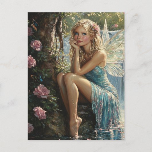 Schöne Blond Fairy und Rose Postkarte (Vorderseite)