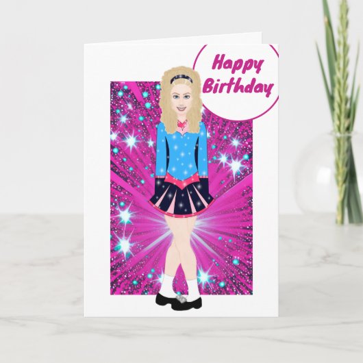 Schöne Blond Irish Dancer, Pink, Blue Birthday Karte (Vorderseite)