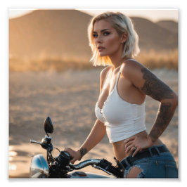 Schöne Blonde Biker Babe in der Wüste Fotodruck