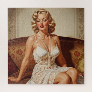 Schöne blonde Pin-up-Kunst der 50er Jahre Puzzle
