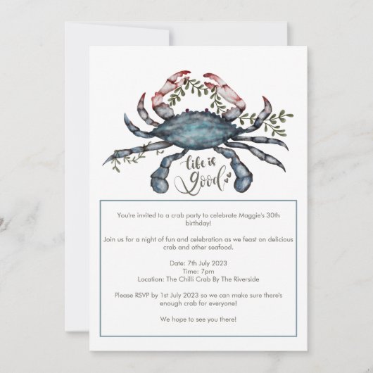 Schöne Blue Crab Design Einladung (Vorderseite)
