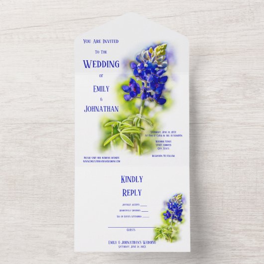 Schöne Bluebonnet-Blüte, Moderne Hochzeit All In One Einladung (Innen Boden)