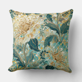 Schöne blühende Blumen mit Grün-Gold-Muster Kissen