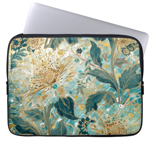 Schöne blühende Blumen mit Grün-Gold-Muster Laptopschutzhülle (Vorderseite)