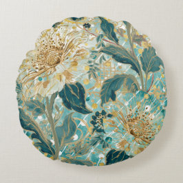 Schöne blühende Blumen mit Grün-Gold-Muster Rundes Kissen