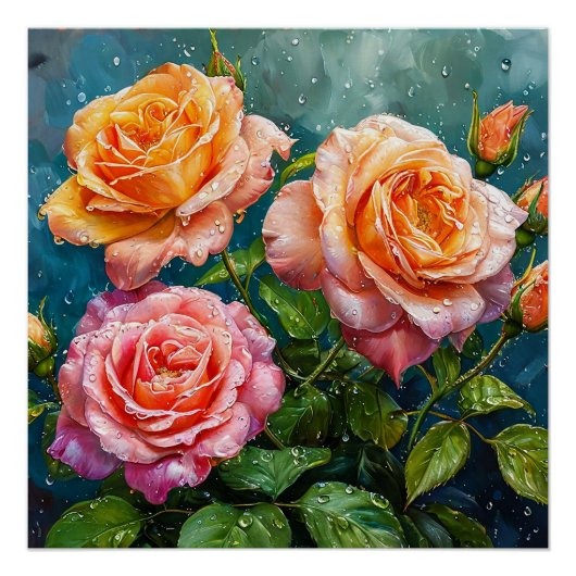 Schöne blühende Rose mit Wassertropfen Poster (Vorderseite)