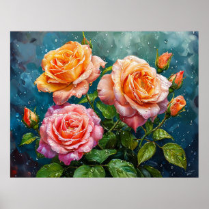 Schöne blühende Rose mit Wassertropfen Poster