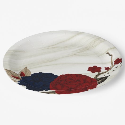 Schöne Blume aus Rot und Marine Pappteller (Schrägansicht)