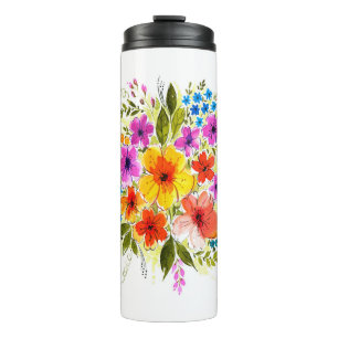 Schöne Blume, Blätter, Knospen und Gras, bemalt Thermosbecher