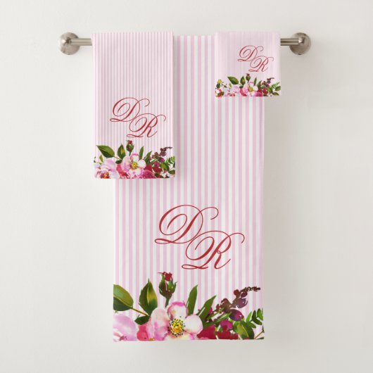Schöne Blume Elegante Monogramm PInk Streifen Badhandtuch Set (Insitu)