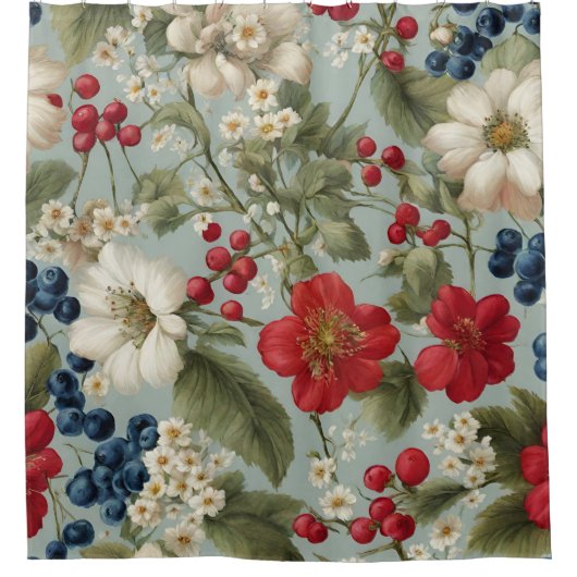 Schöne Blume in Weiß und Blau, Rote Beeren Duschvorhang (Vorderseite)