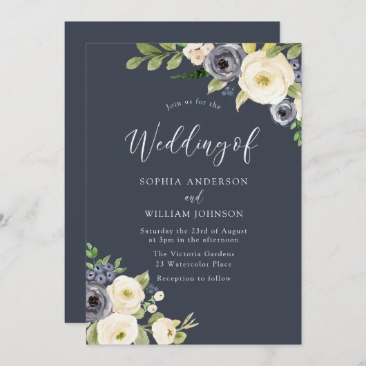 Schöne Blume in Weiß und Marine Einladung (Vorne/Hinten)