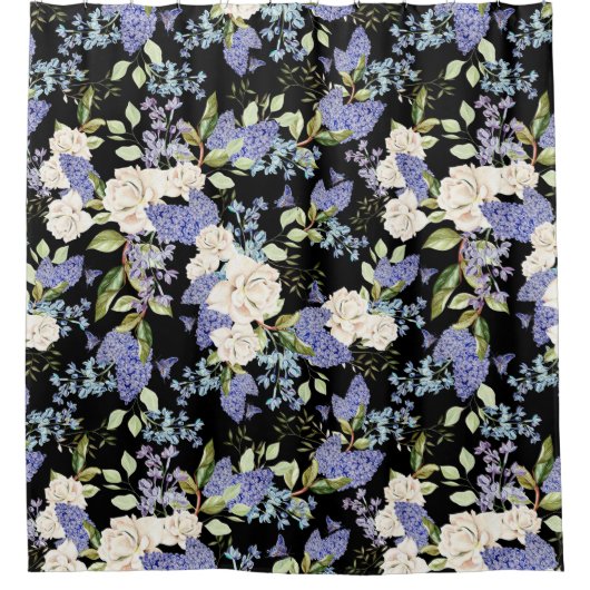 Schöne Blume Lilac Rose Lila Blue auf Black Duschvorhang (Vorderseite)