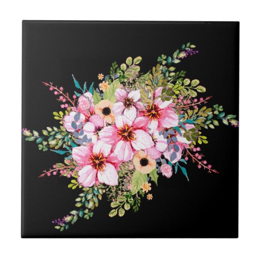 Schöne Blume Pop Black Fliese (Vorderseite)