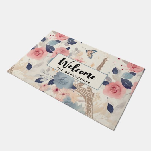 Schöne Blume und der Eiffelturm Paris Willkommen Fußmatte (Schrägansicht)