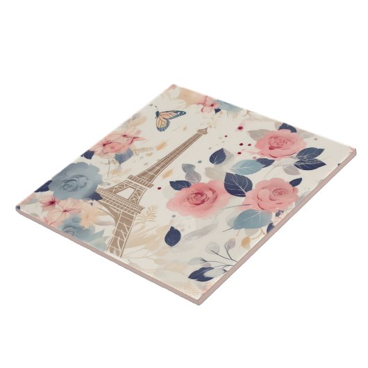 Schöne Blume und der Eiffelturm von Paris Fliese (Seite)