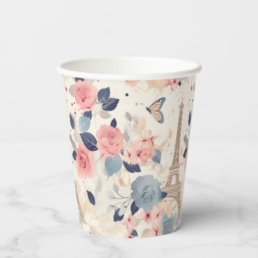 Schöne Blume und der Eiffelturm von Paris Pappbecher (Rückseite)
