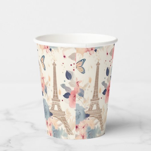 Schöne Blume und der Eiffelturm von Paris Pappbecher (Rechts)
