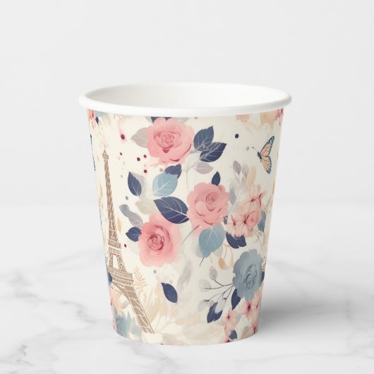 Schöne Blume und der Eiffelturm von Paris Pappbecher (Vorderseite)