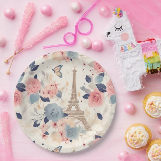 Schöne Blume und der Eiffelturm von Paris Pappteller (Party)