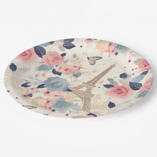 Schöne Blume und der Eiffelturm von Paris Pappteller (Schrägansicht)