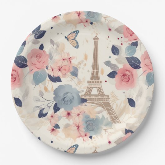 Schöne Blume und der Eiffelturm von Paris Pappteller (Vorderseite)