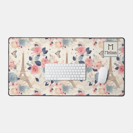 Schöne Blume und der Eiffelturm von Paris Schreibtischunterlage (Tastatur & Maus)