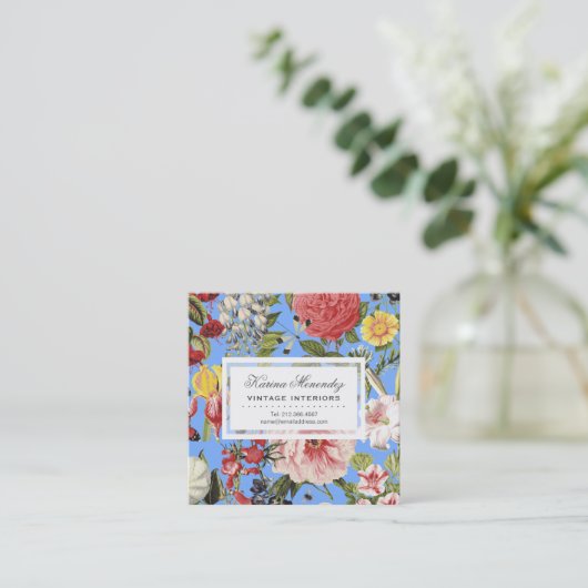 Schöne Blume und Insektengarten Blumenblau Quadratische Visitenkarte (Stehend Vorderseite)