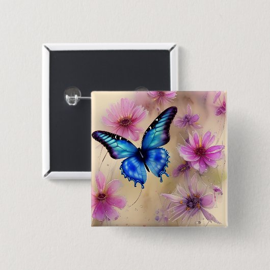 Schöne Blume und Schmetterling Button (Vorne & Hinten)