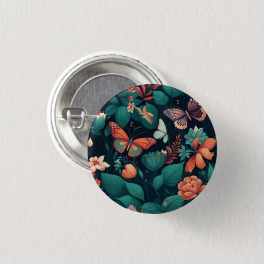 Schöne Blume und Schmetterlinge im Dschungel Button (Vorne & Hinten)