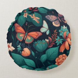 Schöne Blume und Schmetterlinge im Dschungel Rundes Kissen
