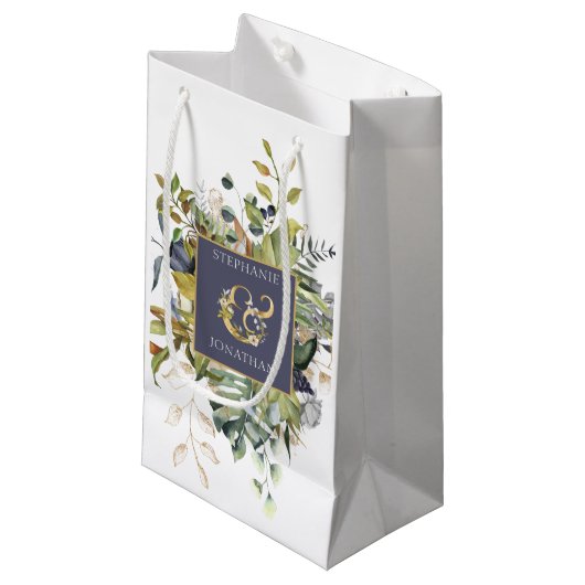 SCHÖNE Blumen Blau & Grün w Ampersand Hochzeit Kleine Geschenktüte (Vorderseite Schrägansicht)