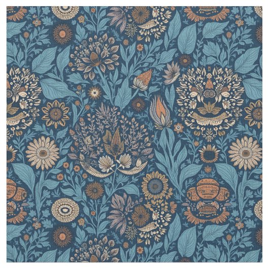 Schöne Blumen in Blau und Beige Stoff (Nahaufnahme)