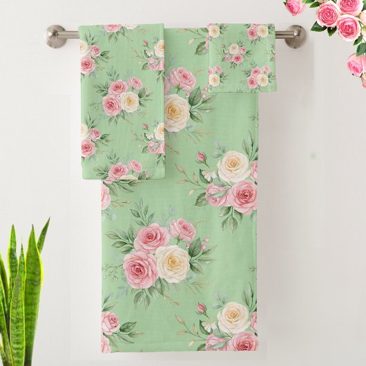 Schöne Blumen in Pastellfarben auf Hellgrün Badhandtuch Set