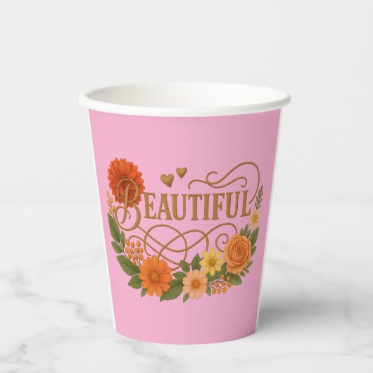Schöne Blumen-Papiertasse | Elegantes Gold & Orang Pappbecher (Vorderseite)