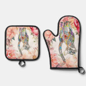 Schöne, blumengequiltete Katze Ofenhandschuh & Topflappen-Set (Vorderseite)