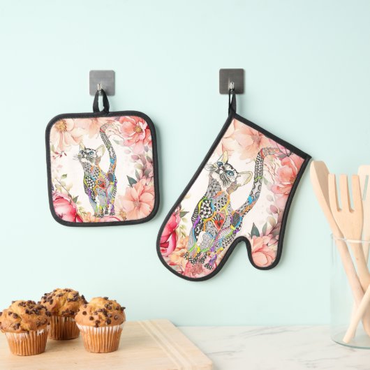Schöne, blumengequiltete Katze Ofenhandschuh & Topflappen-Set (Insitu (Hängend))