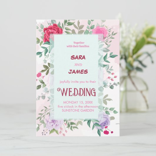 Schöne blumengeschmückte und elegante Rose Einladung (Stehend Vorderseite)