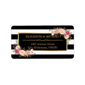 Schöne Blumengolddekor Schwarz-weiße Streifen Adressaufkleber (Vorne)