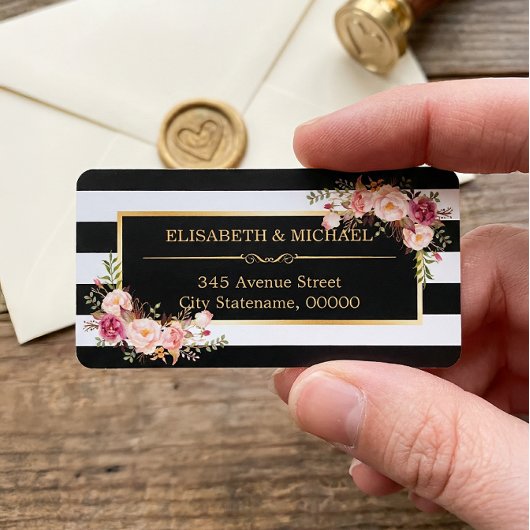 Schöne Blumengolddekor Schwarz-weiße Streifen Adressaufkleber