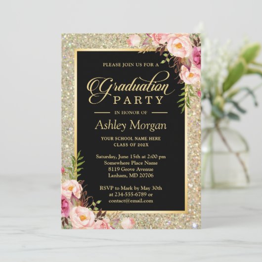 Schöne Blumengolden Glitzern Graduierungsparty Einladung (Stehend Vorderseite)