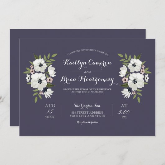 Schöne Blumenhochzeit - lila Einladung (Vorne/Hinten)