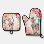 Schöne Blumenkatze Ofenhandschuh & Topflappen-Set (Vorderseite)