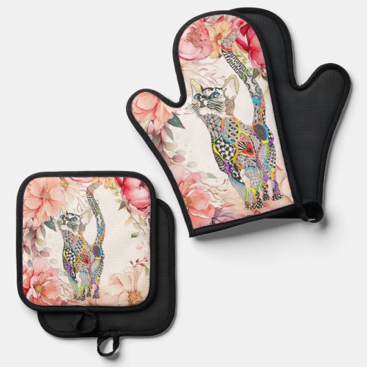 Schöne Blumenkatze Ofenhandschuh & Topflappen-Set (Vorderseite/Rückseite)