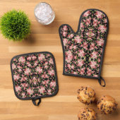 Schöne Blumenmuster-Rose mit grünen Folien Ofenhandschuh & Topflappen-Set (Oben Unten)