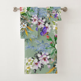 Schöne Blumenmuster Rose Wildblumen Grün Badhandtuch Set