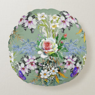 Schöne Blumenmuster Rose Wildblumen Grün Rundes Kissen